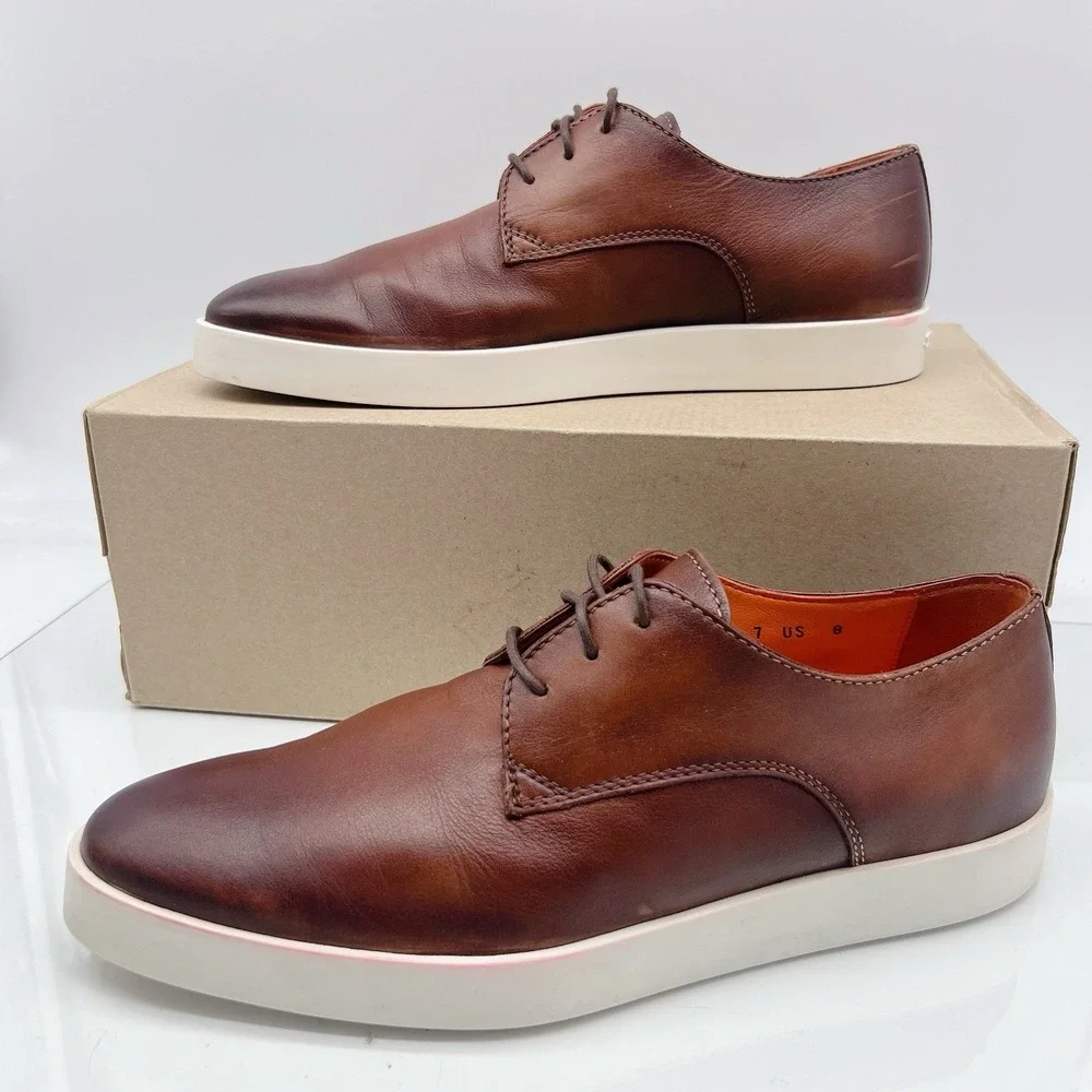 Santoni Atlantis Lace Up Plain Toe Dress Sneakers Shoes Dark Brown Leather US 8